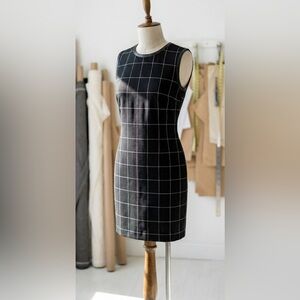 Lauren Ralph Lauren Windowpane Plaid Sheath Dress Leather Trim Size 4 Black